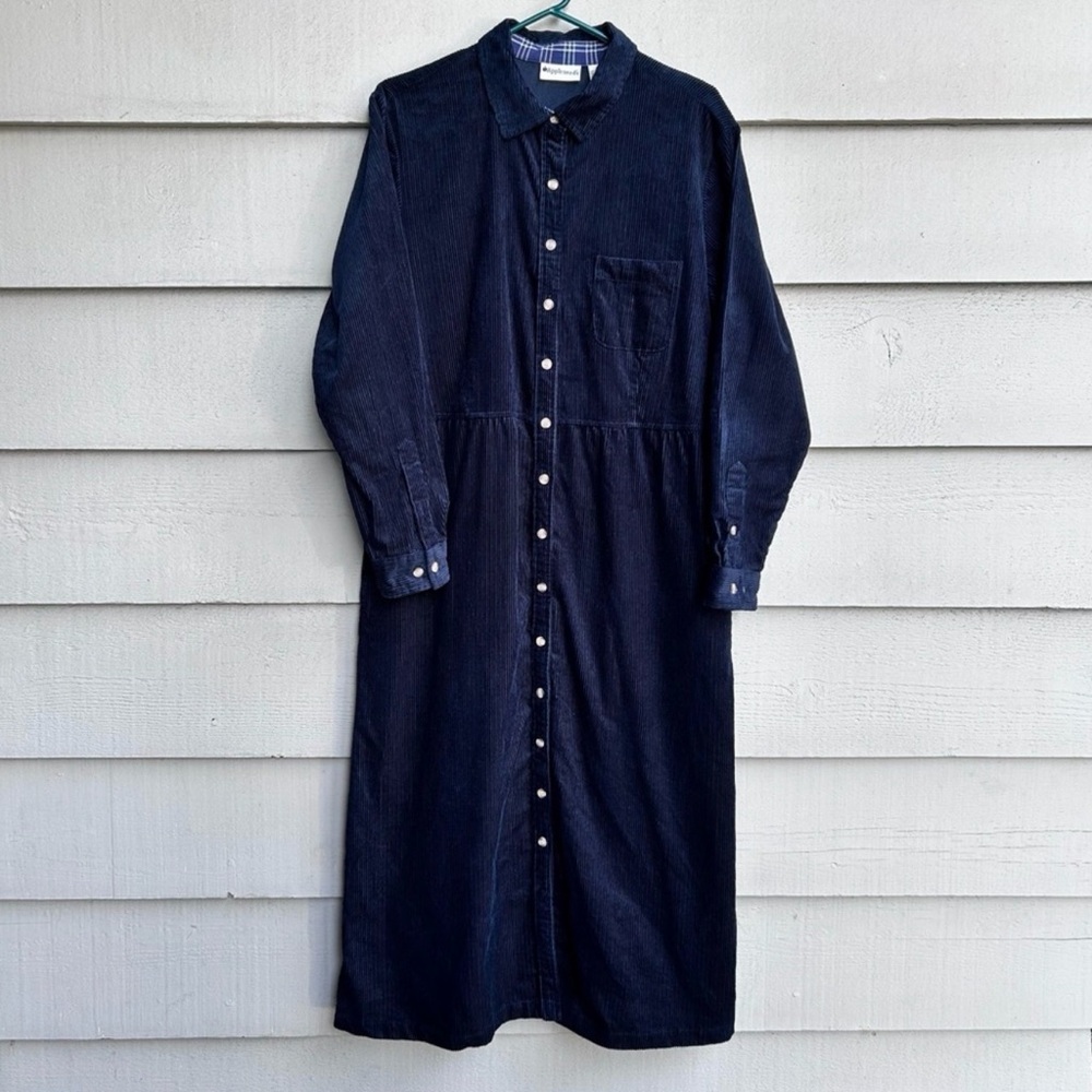 Vintage Appleseed's Navy Corduroy Shirt Dress Button Down 100% Cotton Size 16